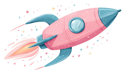 Whimsical cartoon rocket ship with pink body and blue details for children's space theme design