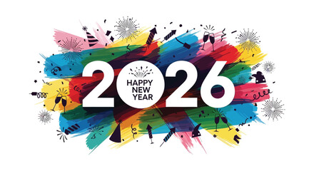 Happy new year 2026 with colorful abstract brush strokes and festive confetti silhouette