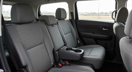 View of a modern car's grey fabric rear passenger seats with a central armrest and cup holders