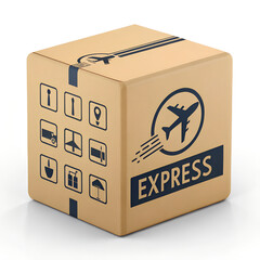 Express Shipping Box with Airplane Icon and Handling Labels for Fast Delivery
