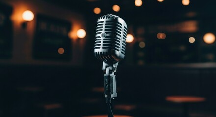 Vintage silver microphone on stand, blurred warm lights illuminate a dark performance venue