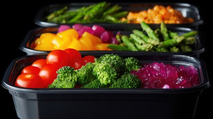 Three black plastic containers filled with different types of vegetables. the containers are arranged in a row, with the top container being the largest and the bottom two being the smallest.