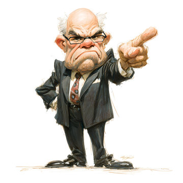 Exasperated Authority: A stern, cartoonish businessman, clad in a suit, vehemently points, embodying assertive leadership.