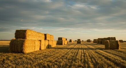Golden Hay Bales Stacked in a Field Under a Cloudy Sky at Sunset
