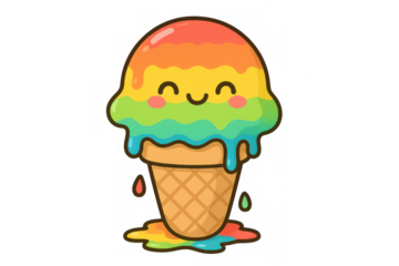 Rainbow ice cream melting in a waffle cone, cute smiling dessert character, cartoon summer sweet treat