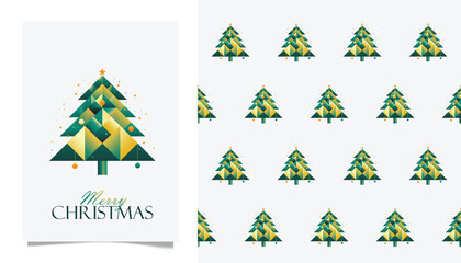 Modern Merry Christmas Greeting Card and Seamless Pattern with Geometric Christmas Tree Design in Green and Gold Colors, Elegant Holiday Illustration for Winter, Festive Decor, and Seasonal background