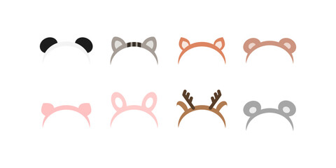 Animal headband set. Festival, holiday celebration, accessory concepts. Panda, cat, fox, bear, pig, bunny, deer, mouse. Flat decorative vector design isolated illustration.