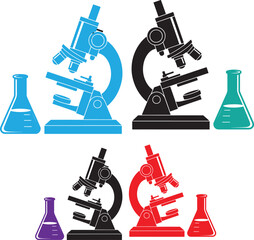 Colorful microscopes and lab flasks chemistry science education research lab equipment collection