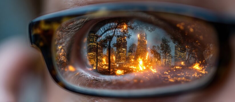 An eye reflected within eyeglasses shows a burning cityscape, with fire and smoke prominent - Powered by Adobe