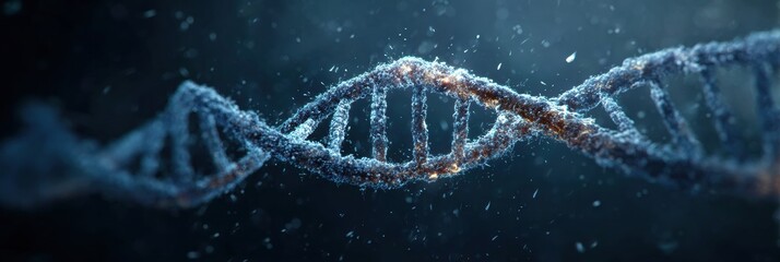 The double helix structure of DNA in rich detail, surrounded by glowing particles and light effects, emphasizing its complexity and elegance.