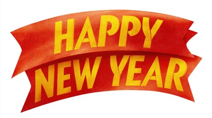 Red ribbon with the words "happy new year" written in yellow capital letters. the ribbon is curved and appears to be made of a shiny material.