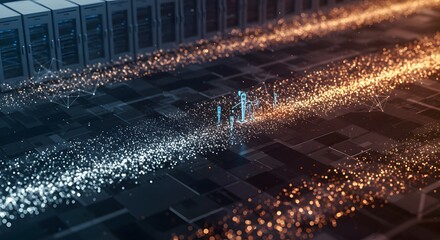 Digital Data Flowing Through Futuristic Server Racks and Circuits with Glowing Particles