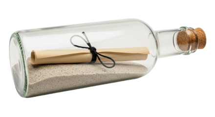 Rolled parchment message tied with black ribbon inside a glass bottle filled with sand