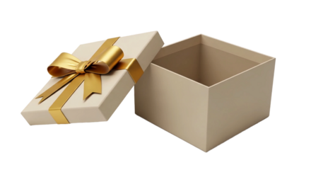 Elegant cream colored gift box with a golden ribbon and bow opened against a black background