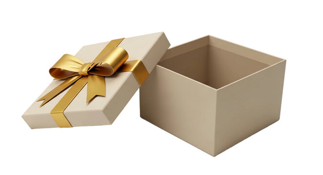 Elegant cream colored gift box with a golden ribbon and bow opened against a black background