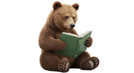 A realistic brown bear sits upright holding and reading an open green book against a black background