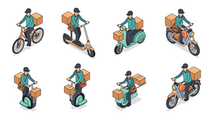 Delivery people riding various vehicles