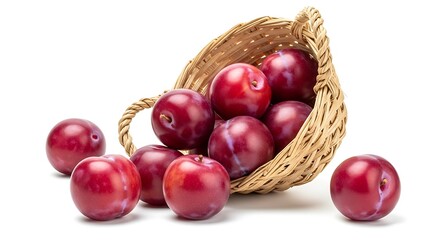 Fresh plums in a wicker basket isolated on white background, healthy food