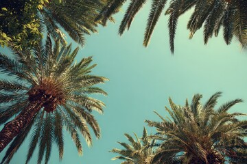 Looking Up View Of Palm Trees Against A Bright Blue Sky with Sunny Weather