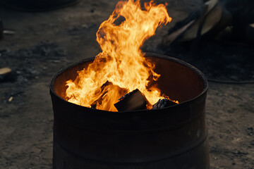 A rustic metal drum blazes with an orange flame, consuming wood. The rough setting offers a contrast to the intense heat, ideal for bonfires and chilly evenings in nature.
