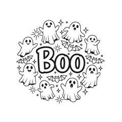 Fototapeta premium Cute ghosts and bats with the word Boo for Halloween decoration 