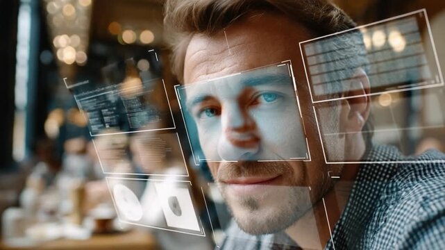 Augmented Reality Portrait: A forward-thinking individual peers from a cafe setting, a user interface blending digital information with the tangible world. 