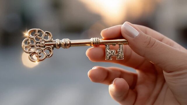 Key of Opportunity: A delicate hand tenderly holds an ornate golden key, symbolizing access, unlocking possibilities, and the opening of new chapters in life.