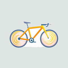 Fototapeta premium Yellow Bicycle with Swirling Wheels on Light Blue Background.