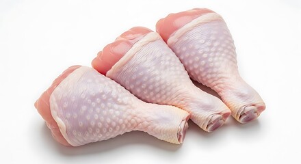 Raw chicken drumsticks isolated on white background, close up studio shot