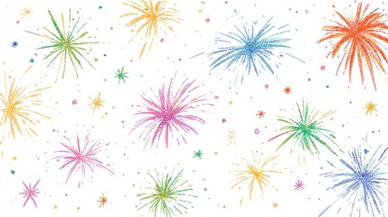 Colorful firework bursts spread across a white background in a painterly style