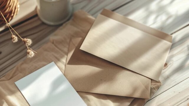 Video A stack of brown paper sheets placed on top of a wooden table, ideal for office or school use