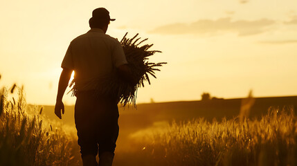 A farmer walks through golden fields at sunset carrying the day's harvest. The silhouette against the bright sky captures the essence of agriculture and rural life.