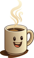 Adorable coffee cup character with a happy face and steam swirl. Perfect for T-shirt designs, stickers, mugs, and cozy cafe branding.