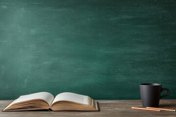 Open Book And Coffee Cup On Wooden Table Against Starry Green Background