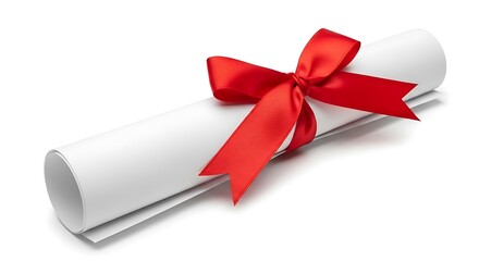 Rolled diploma with red ribbon isolated on white background, close up view