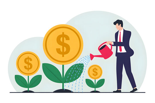 A businessman nurturing financial growth with investment symbolized by watering coins