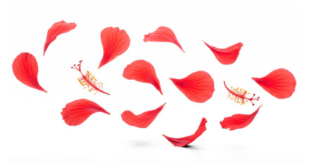 Fototapeta premium Red Hibiscus Petals and Stamens Scattered on Transparent Background