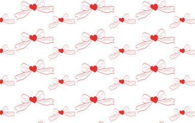 Red Bow Ribbons with Heart Center on White Background Vector Illustration Seamless Pattern