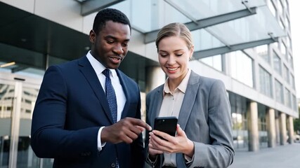 Two professional colleagues discussing work on a smartphone outside an office building. - Powered by Adobe