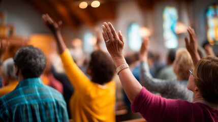 Fototapeta premium Rear view of diverse congregation standing in prayer hands lifted up colorful clothing visible faces obscured multicultural church worship mental health spiritual support den