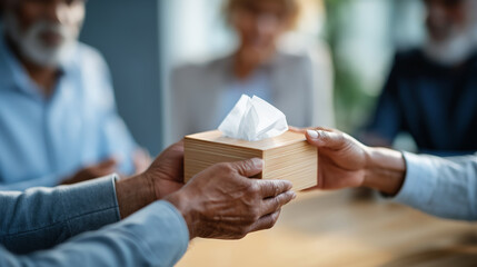 Hands passing tissue box in support group circle emotional support moment faces defocused or not visible mental health counseling prayer based therapy group healing session