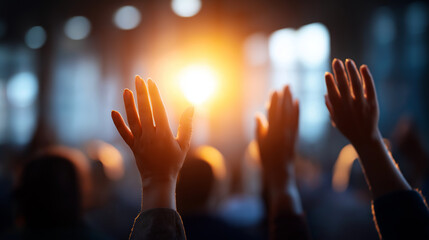 Congregation silhouettes with raised hands backlit by church windows faces completely obscured united worship mental health prayer support spiritual healing service dramatic