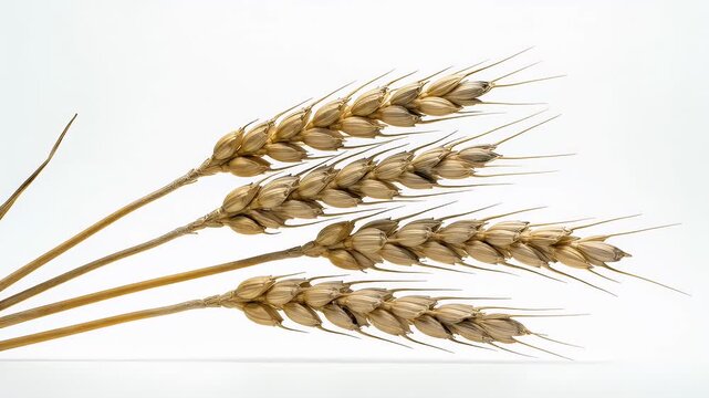 A macro shot of several golden ripe wheat stalks fanned out showing the detailed grains and symbolizing harvest, agriculture, and food
