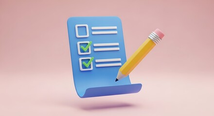3D Rendering of a Checklist with Pencil on Pink Background