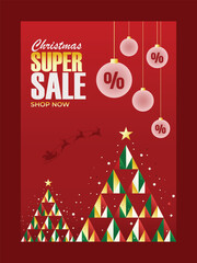 Christmas Super Sale Poster Design with Red Background, Decorative Christmas Trees, and Hanging Discount Ornaments.