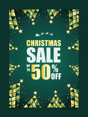 Elegant Christmas Sale Poster Design with Green and Gold Color Theme, Featuring Modern Typography and Geometric Christmas Tree Shapes