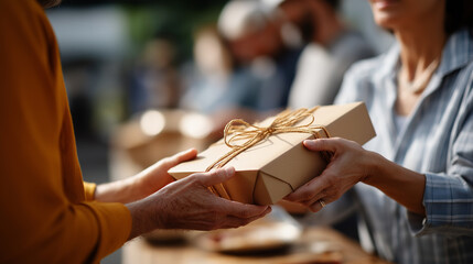 Hands distributing food packages at community outreach volunteer service faces obscured by angle charitable giving mental health support initiative helping those in need