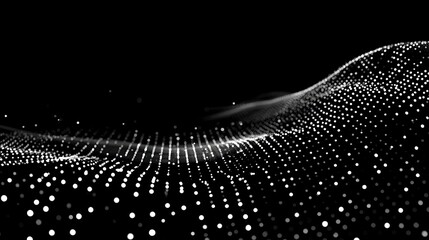Dynamic wave of luminous white dots flows across a deep black void, creating a mesmerizing, abstract digital art piece perfect for modern tech and science themes.