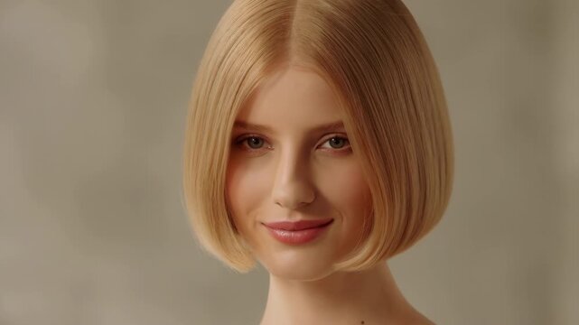 Beautiful blonde woman with bob hairstyle smiling