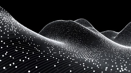 Dynamic wave of pure white dots surging across a stark black void, creating a mesmerizing, abstract visual flow perfect for modern tech, science, or design concepts.